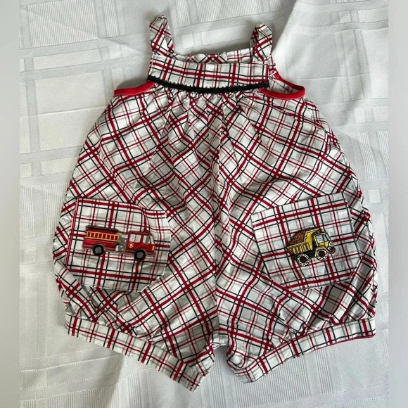 Plaid Truck Romper | Fire Truck Dump Truck | Handmade | Baby - Picture 1 of 6